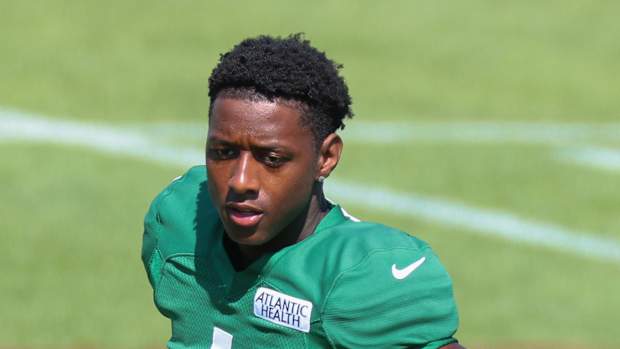 Sauce Gardner at Jets' Training Camp practice in Florham Park